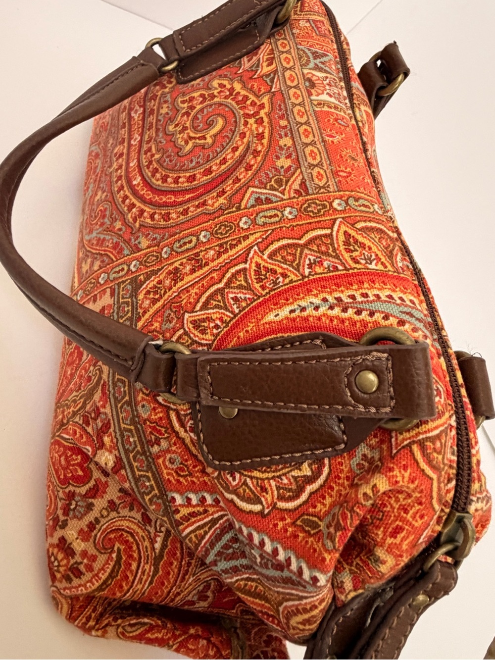 Orange Paisley Shoulder Bag with Brown Handles - Picture 5 of 7